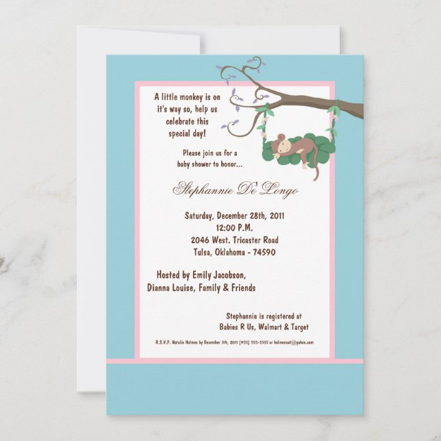 Inbjudan till 5 x 7 Blue Monkey Baby Shower (Framsida)