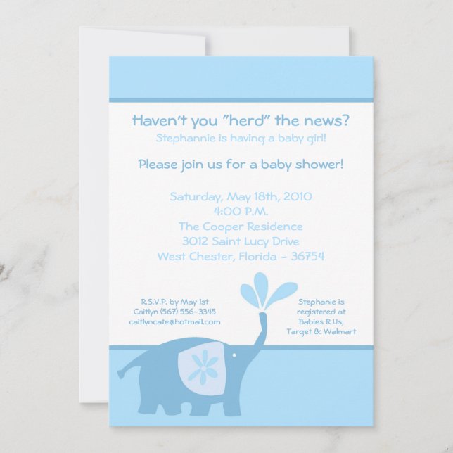 Inbjudan till 5 x 7 Cute Blue Elephant Baby Shower (Framsida)