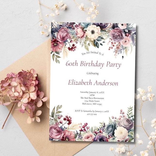Inbjudan till 60-årsfest med rosa lila blommor (Pink purple blue moody florals 60th birthday invitation for her. Digital or Printed. Watercolor )