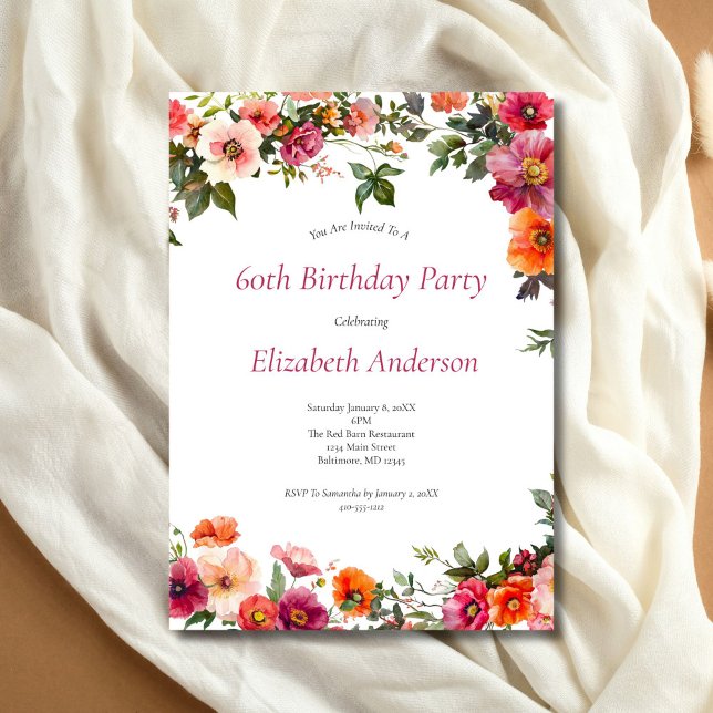 Inbjudan till 60-årsfest med rosa röda blommor (Red Pink Watercolor Florals 60th Birthday invitation for her. Printed or Digital Download)