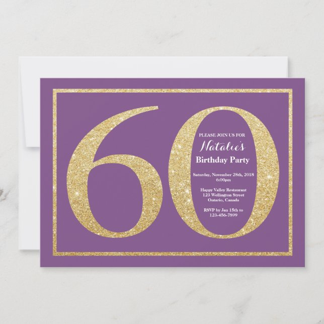 Inbjudan till 60-årsfirande lila och guldglitter (Framsida)
