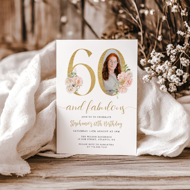 Inbjudan till 60-årsfirande med rosa blomfoto (Skapare uppladdad)