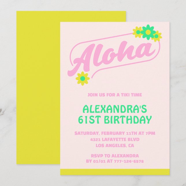 Inbjudan till 61-årsfirande Tropisk Aloha Rosa (Fram/baksida)