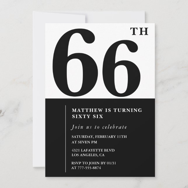 Inbjudan till 66-årsfirande Svart och Vit Elegant (Framsida)