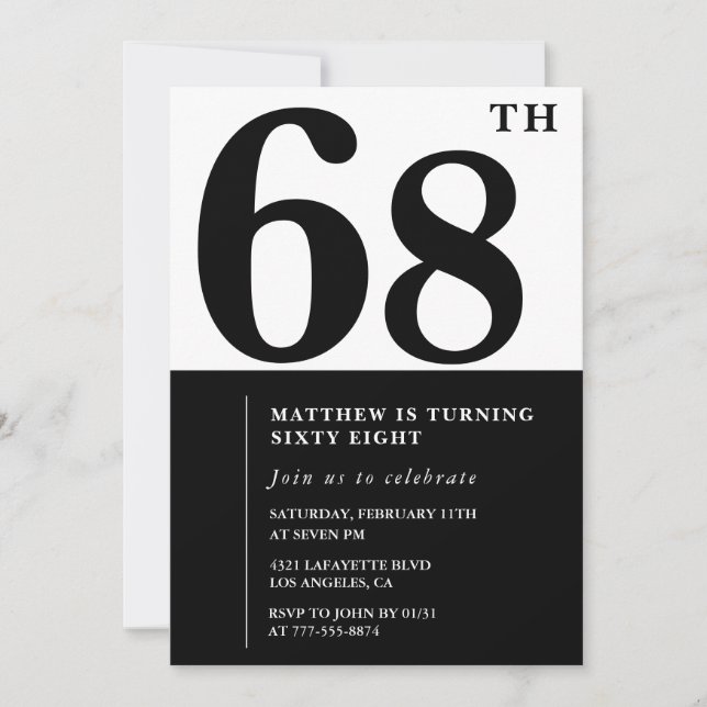Inbjudan till 68-årsfirande Svart och Vitt Elegant (Framsida)