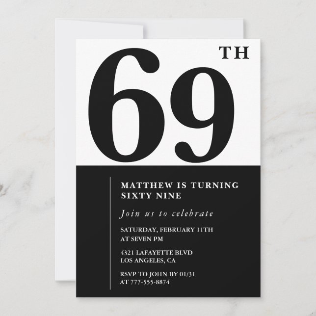 Inbjudan till 69-årsfirande Svart och Vitt Elegant (Framsida)
