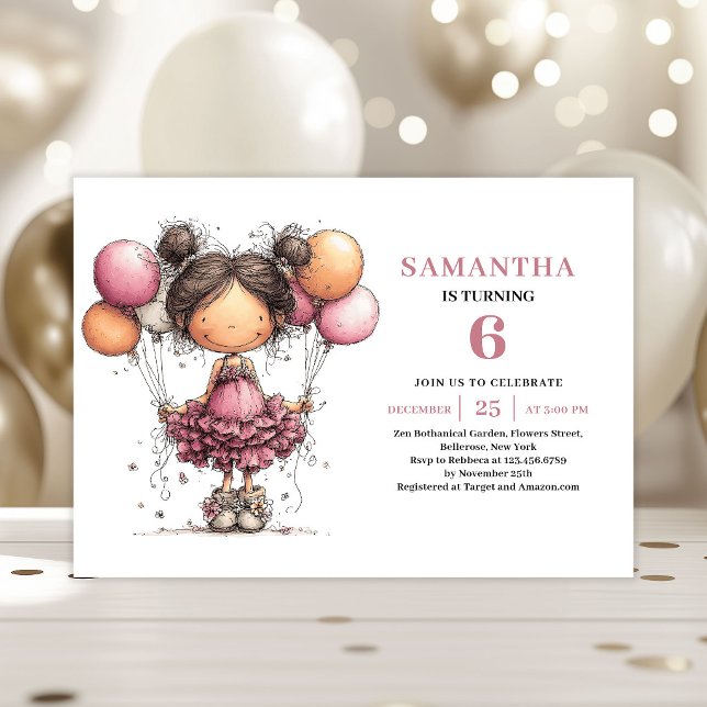 Inbjudan till 6-årsfirande för fantasifull liten f (Whimsy Toddler Girl 6th Birthday Invite Pink)