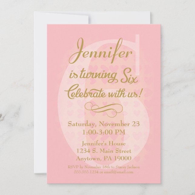 Inbjudan till 6e födelsedag Flickor Rosa Guld Hear (Framsida)