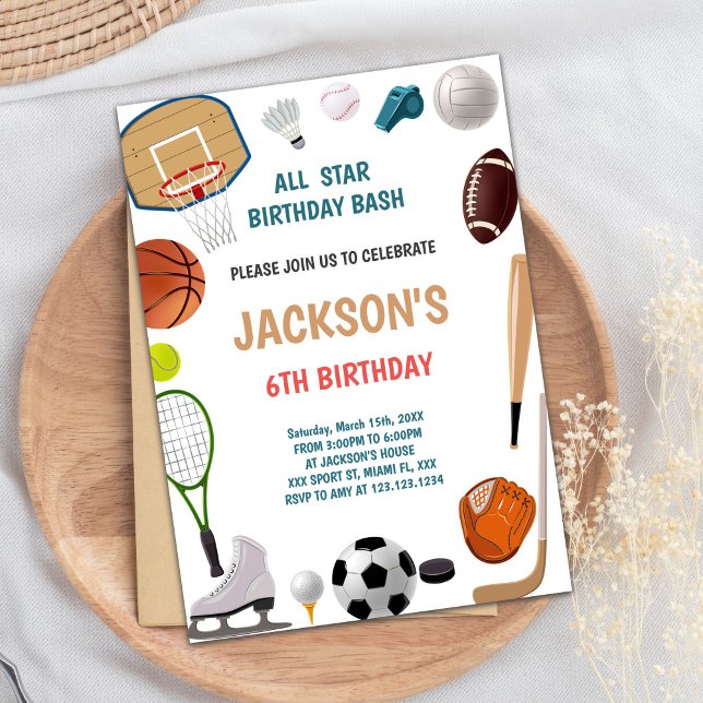 Inbjudan till 6e-födelsedagssporter (6th Birthday Sports Birthday Invitations)