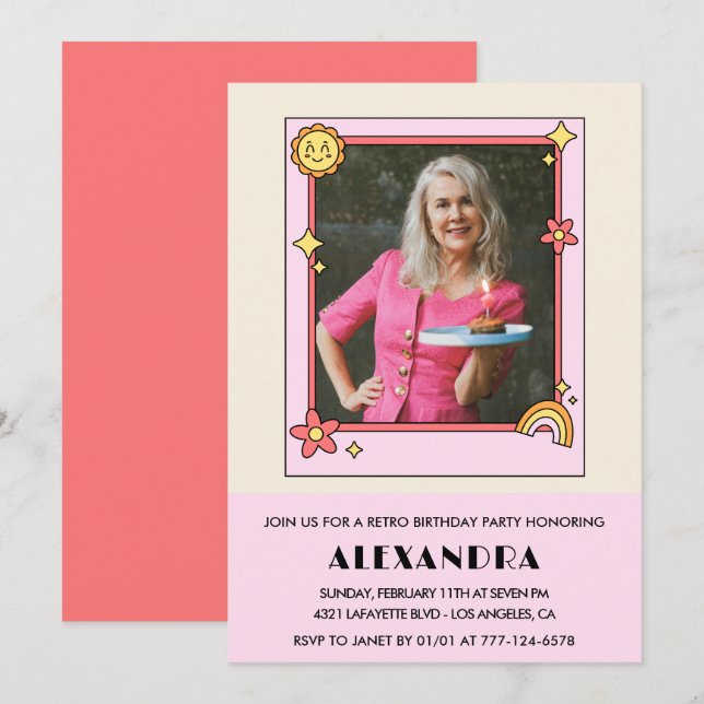Inbjudan till 70-årsfirande Retro Groovy Rosa Blom (Fram/baksida)