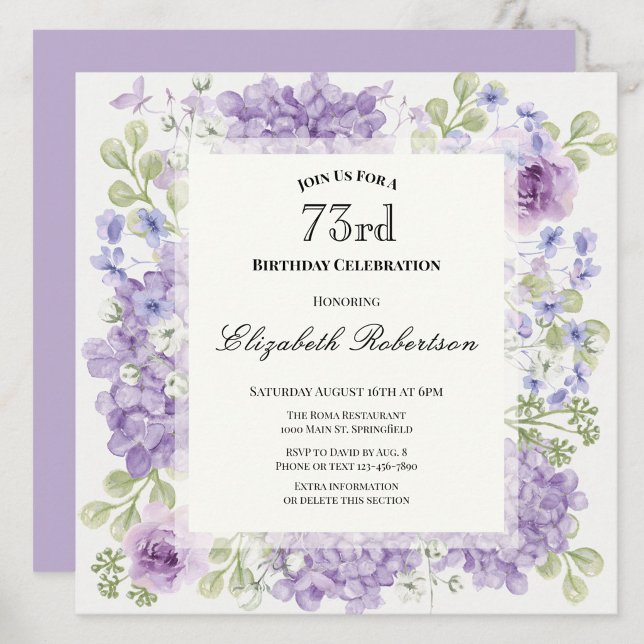 Inbjudan till 73-årsdag Eleganta lila blommor (Skapare uppladdad)