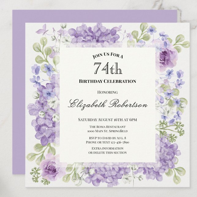 Inbjudan till 74-årsfirande Eleganta lila blommor (Skapare uppladdad)