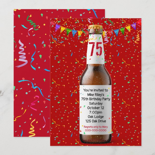 Inbjudan till 75:e Födelsedagsfest Beer Flaska (Fram/baksida)