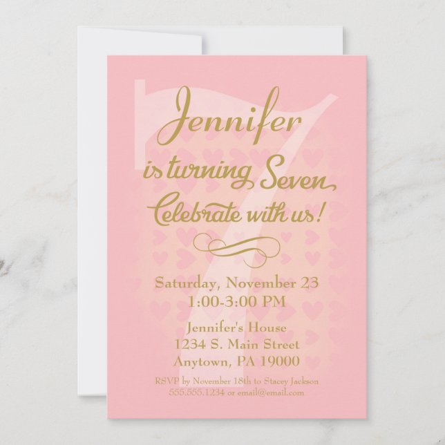 Inbjudan till 7:e födelsedag Flickor Rosa Guld Hea (Framsida)