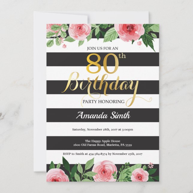 Inbjudan till 80-årsfirande för kvinnor. Blommor i (Framsida)