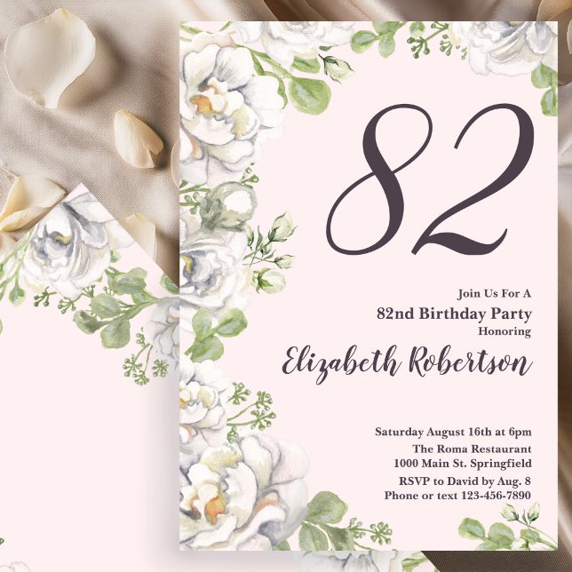 Inbjudan till 82-årsfirande - Rosa Blommor Peonior (Skapare uppladdad)