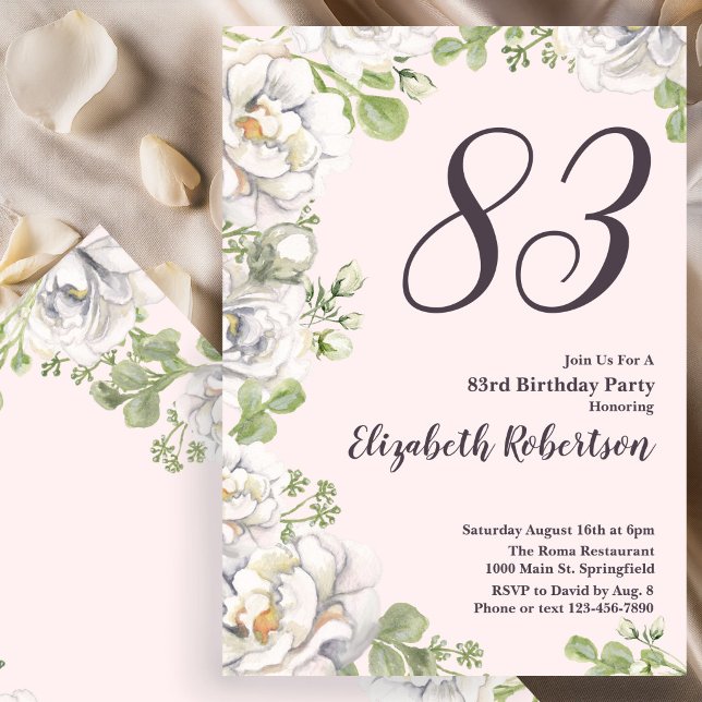 Inbjudan till 83-årsfirande - Rosa blommor och pio (Skapare uppladdad)