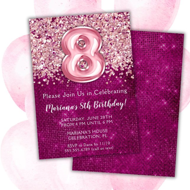 Inbjudan till 8-årsdag Flicka Magenta Rosa Glitter (Skapare uppladdad)