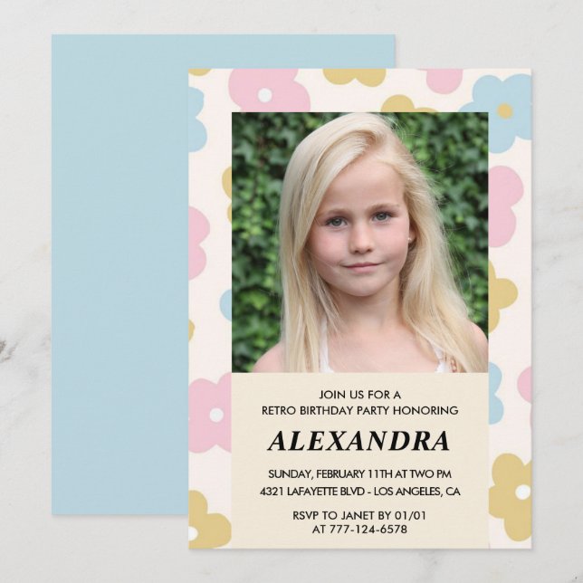 Inbjudan till 8-årsfest Retro Groovy Blommor Söt (Fram/baksida)