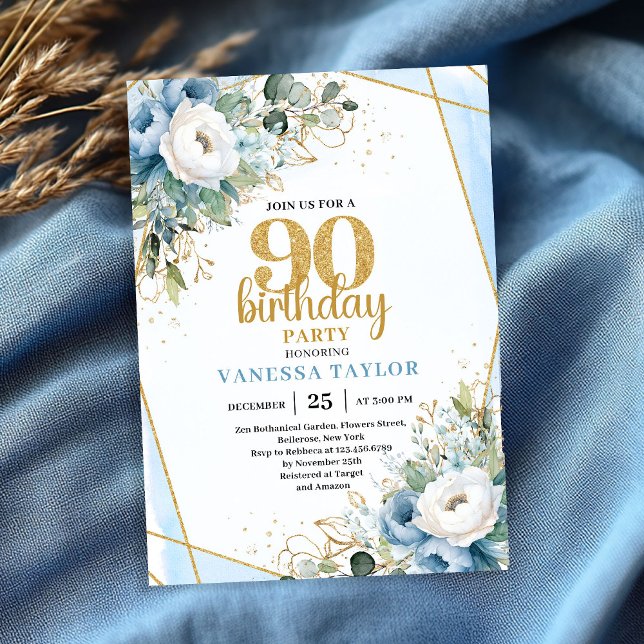 Inbjudan till 90-årsfest med akvarellblå blommor (90th Birthday Party Invite Watercolor Blue Flowers Glitter

)
