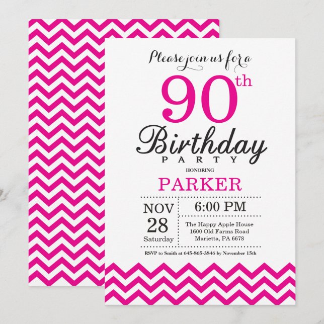Inbjudan till 90-årsfirande Hot Pink Chevron (Fram/baksida)