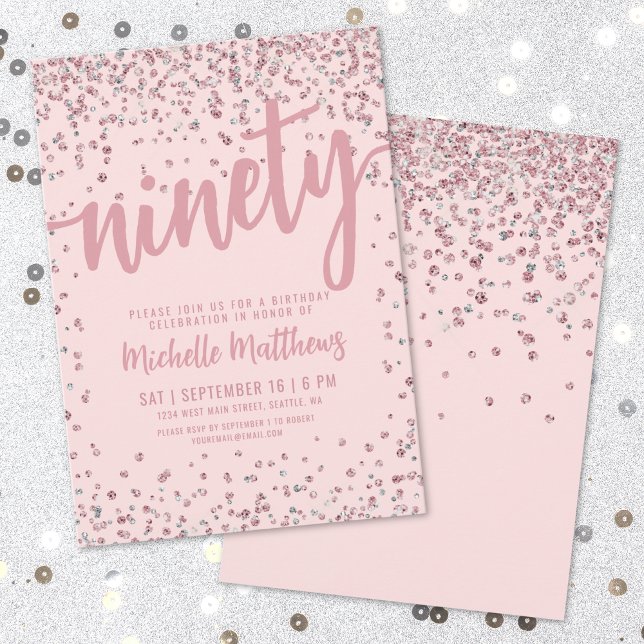Inbjudan till 90-årsfirande i rosaröd färg (Blush Pink 90th Birthday Invitation )