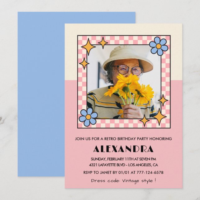Inbjudan till 90-årsfirande Retro Groovy Rosa Blom (Fram/baksida)