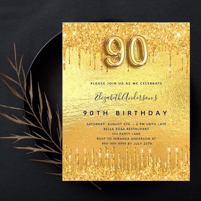 Inbjudan till 90:e födelsedagsfest i guld glitter (Skapare uppladdad)