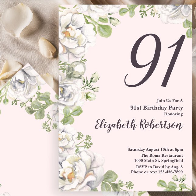 Inbjudan till 91-årsfirande Blush Rosa Florala Peo (Skapare uppladdad)