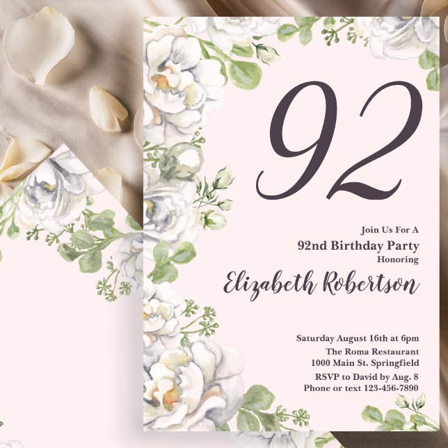 Inbjudan till 92-årsfirande - Rosa blommor och pio (Skapare uppladdad)