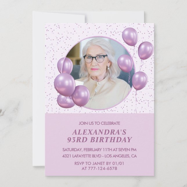 Inbjudan till 93-årsfirande Foto Lila ballonger (Framsida)