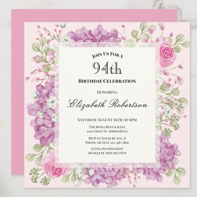 Inbjudan till 94-årsfirande Eleganta rosa blommor (Skapare uppladdad)