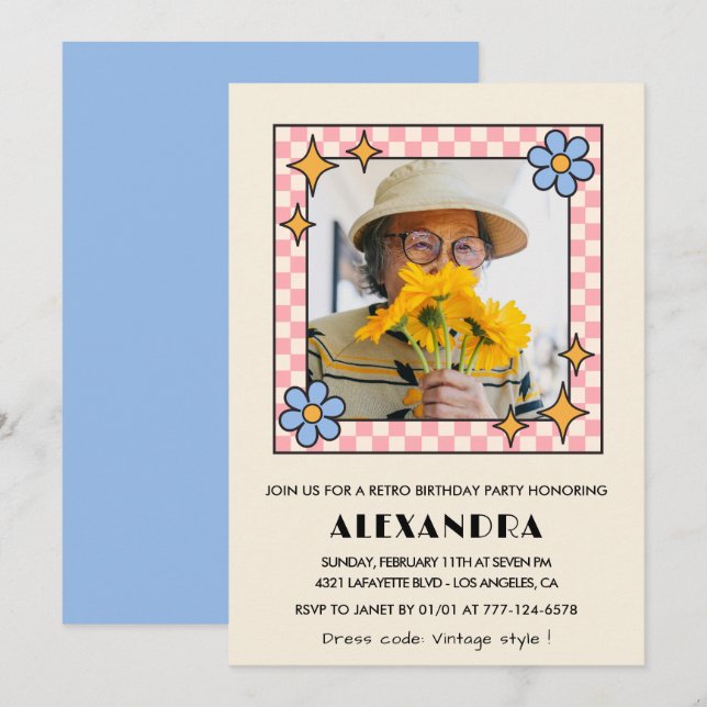 Inbjudan till 95-årsfirande Retro Groovy Blå Blomm (Fram/baksida)