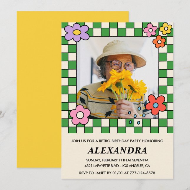 Inbjudan till 95-årsfirande Retro Groovy Blommor (Fram/baksida)