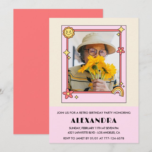 Inbjudan till 95-årsfirande Retro Groovy Rosa Blom (Fram/baksida)