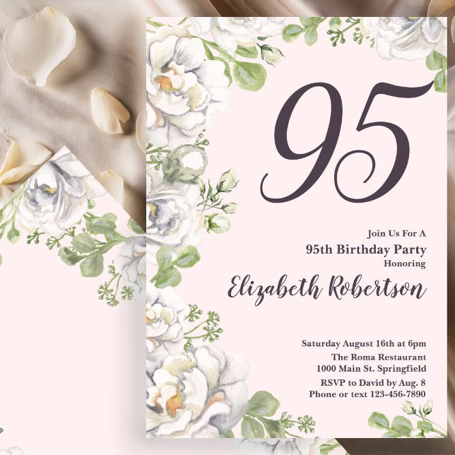 Inbjudan till 95-årsfirande - Rosa blommor och pio (Skapare uppladdad)