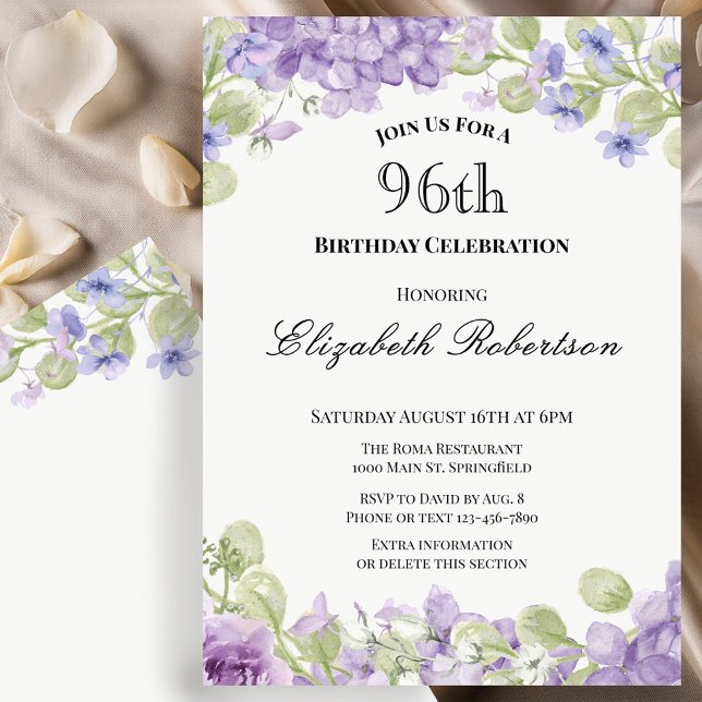 Inbjudan till 96-årsdag Elegant lila blomster (Skapare uppladdad)