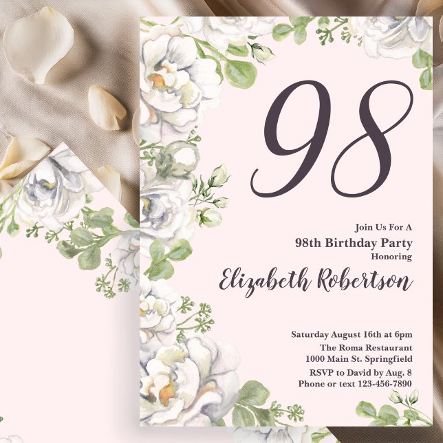 Inbjudan till 98-årsfirande Blush Rosa Florala Peo (Skapare uppladdad)