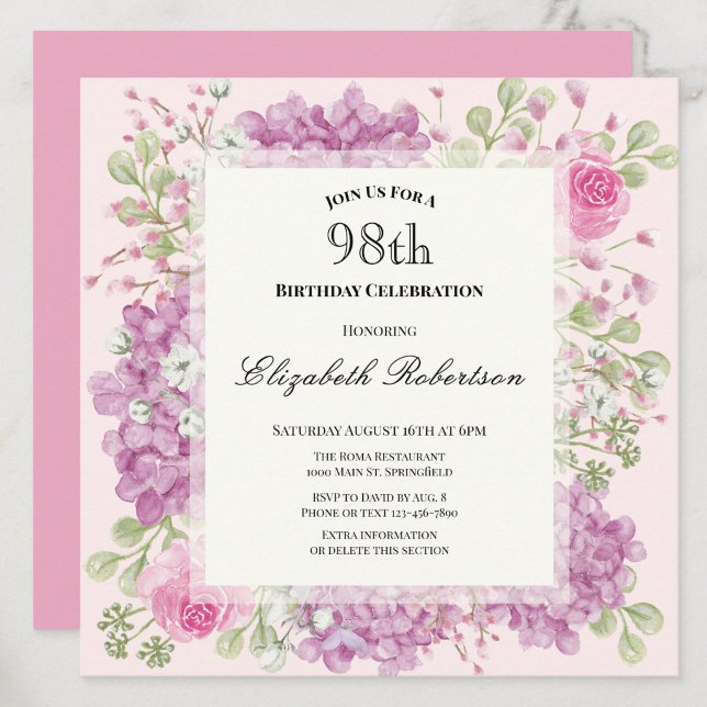 Inbjudan till 98-årsfirande Eleganta rosa blommor (Skapare uppladdad)