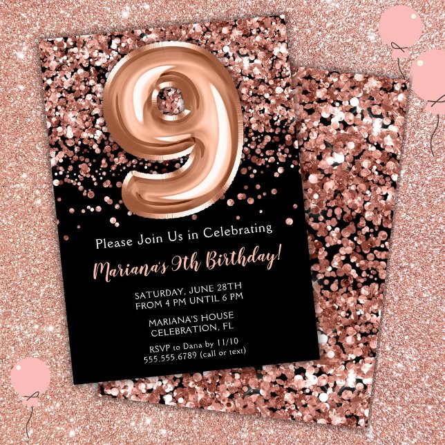 Inbjudan till 9-årsfest Svart Rosa Guld Glitter (Skapare uppladdad)