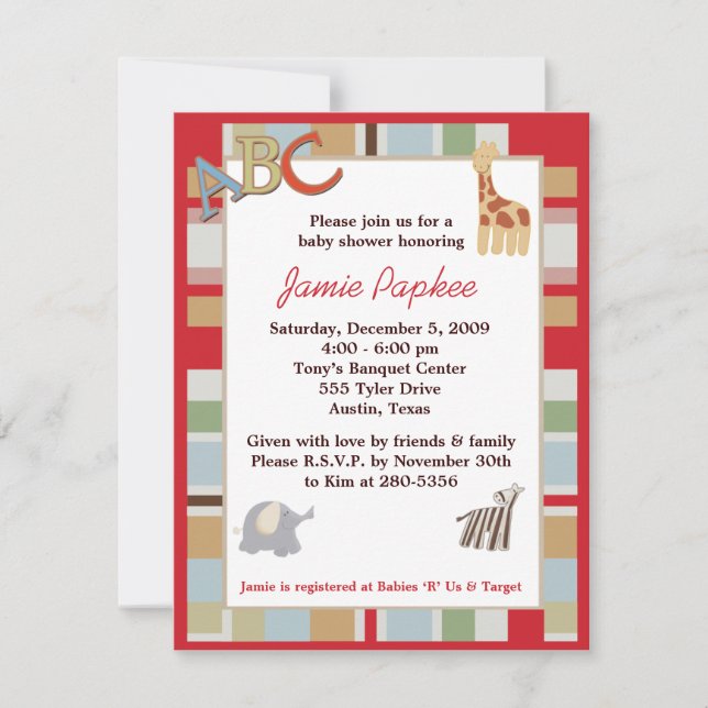 Inbjudan till ABC Alphabet Soppa Stripe Baby Showe (Framsida)