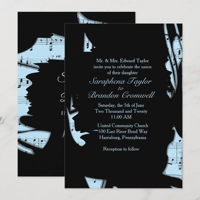 Inbjudan till abstrakt Black and Blue Music Weddin (Fram/baksida)