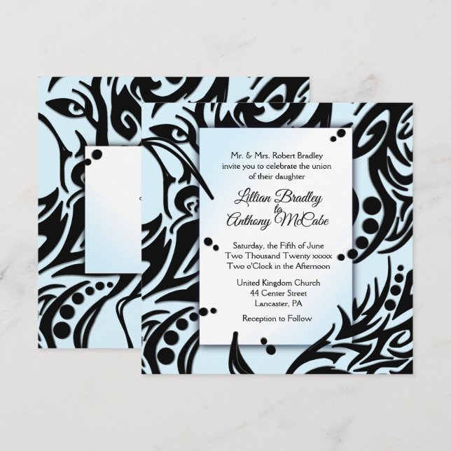 Inbjudan till abstrakt Black and Blue Tribal Weddi (Fram/baksida)