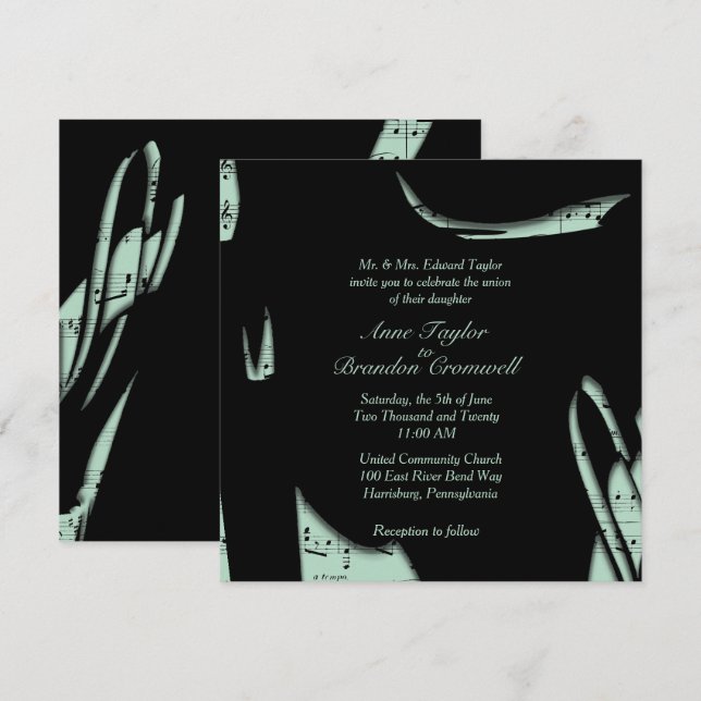 Inbjudan till abstrakt Black and Mint Music Weddin (Fram/baksida)