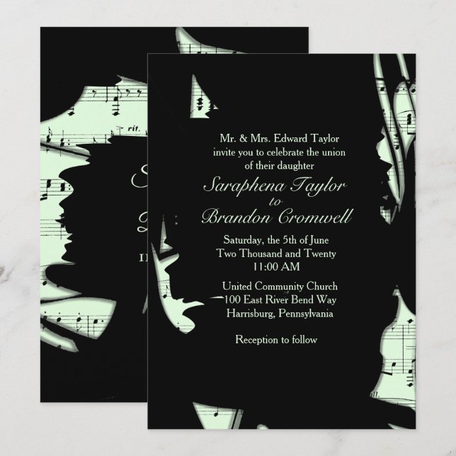 Inbjudan till abstrakt Black and Mint Music Weddin (Fram/baksida)