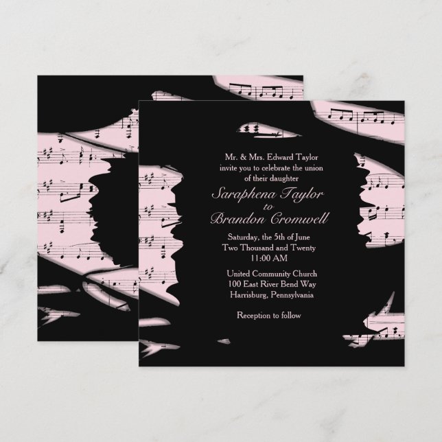 Inbjudan till abstrakt Black and Rosa Music Weddin (Fram/baksida)