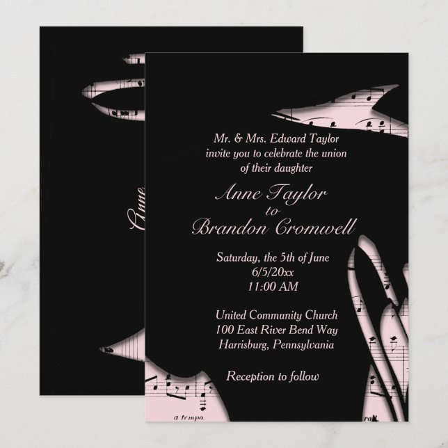 Inbjudan till abstrakt Black and Rosa Music Weddin (Fram/baksida)