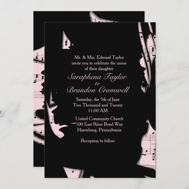Inbjudan till abstrakt Black and Rosa Music Weddin (Fram/baksida)