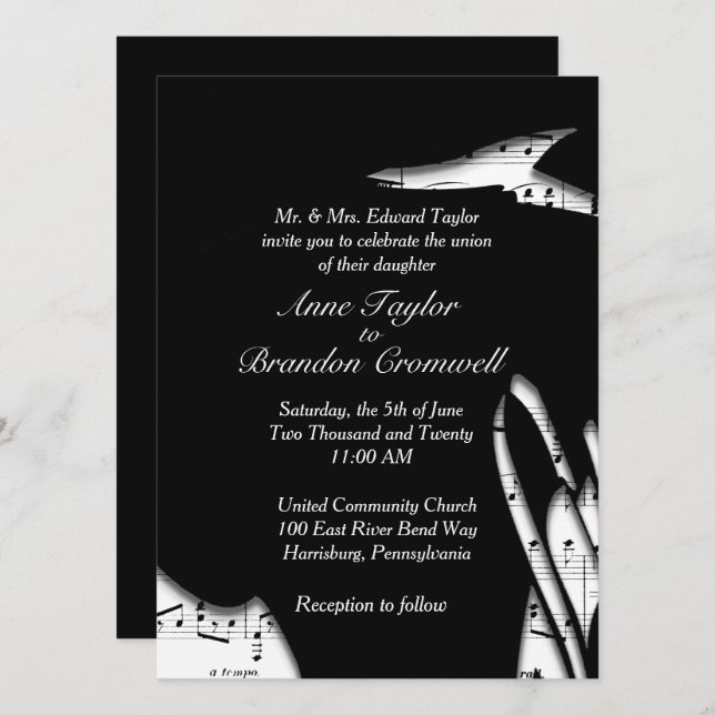 Inbjudan till abstrakt Black and White Music Weddi (Fram/baksida)