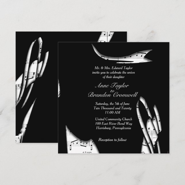 Inbjudan till abstrakt Black and White Music Weddi (Fram/baksida)